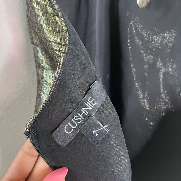 CUSHNIE Blouse Metallic Cowl Neck Open Back Halter Top Silk Lurex in Gold Size 2 - Picture 5 of 10